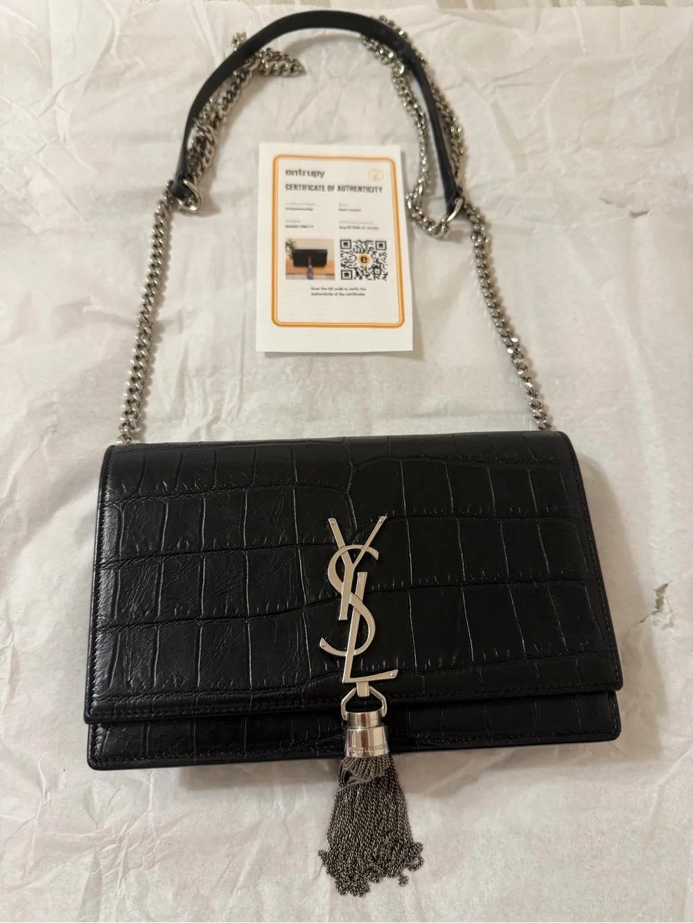 Saint Laurent Black Croc-Embossed Leather Tassel Chain Shoulder Bag